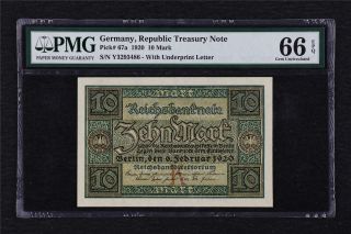 1920 Germany Republic Treasury Note 10 Mark Pick 67a Pmg 66 Epq Gem Unc