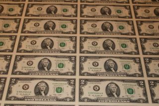 Currency Uncut Sheet 32 X $2 Bill Dollar Federal Reserve Notes