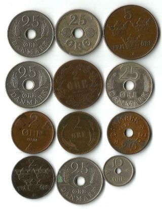 12 Coins Norway,  Sweden And Denmark.  1872 - 1985.  Look Photos.