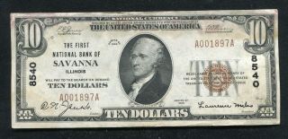 1929 $10 The First National Bank Of Savanna,  Il National Currency Ch.  8450 Au