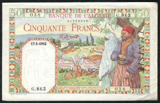 1942 Algeria 50 Francs Note.