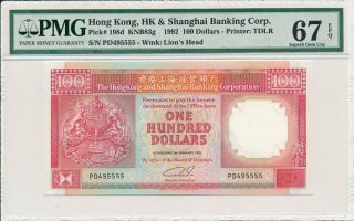 Hong Kong Bank Hong Kong $100 1992 Fancy S/no Xx5555 Pmg 67epq