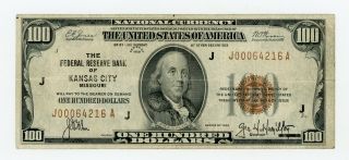1929 Fr.  1890 - J $100 U.  S.  (kansas City,  Missouri) Federal Reserve Bank Note