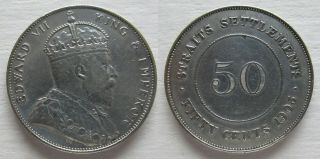 41: 1905b Straits Settlements Malaya Singapore Kevii 50 Cents Silver Coin Xf