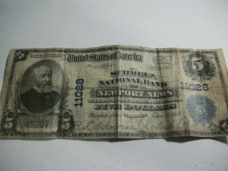 1902 $5 National Bank Note - Schmelz Nb Newport News Virginia Charter 11028