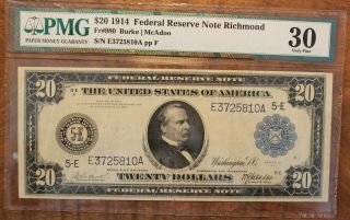 1914 Federal Reserve Note Twenty Dollar Bill Fr 980 Pmg 30 Vf 20.  00 Us Currency