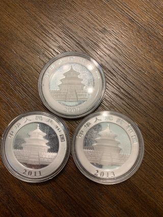 (3) 2007,  2011,  2013 China Panda Coins,  1 Ounce (oz).  999 Silver Bu