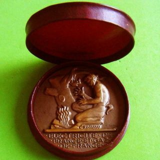 Art Deco Man & Fire French Electricity And Gas Bronze Medal By Dropsy In Case