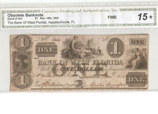 $1 1832 Bank Of West Florida Rare $1 Appalachicola Fl Fine 15