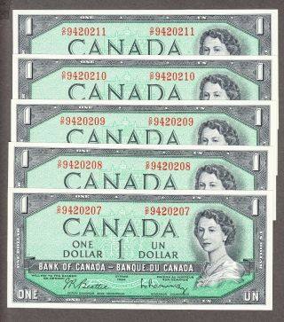 1954 Bank Of Canada - $1.  00 5 Consecutive Notes - Choice Unc - O/o Bc - 37b - I