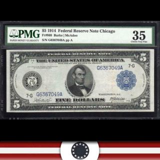 1914 $5 Chicago Federal Reserve Note Frn Pmg 35 Fr 868 G6367049a