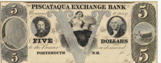 1800s $5 Piscataqua Exchange Bank Note.  State Of Hampshire.  Unc