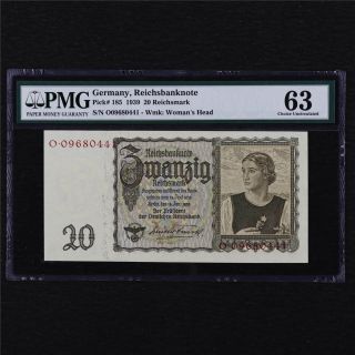 1939 Germany Reichsbanknote 20 Reichsmark Pick 185 Pmg 63 Choice Unc
