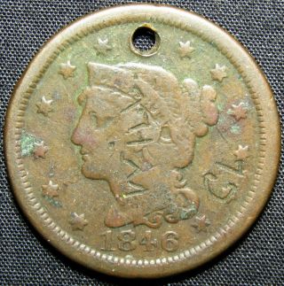 1846 Us Braided Hair Large Cent Copper Coin - Holed,  Counter Marked