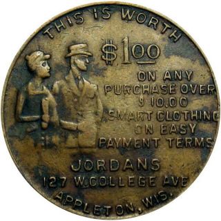 Pre 1933 Appleton Wisconsin Good For Token Jordans $1 Good Luck Swastika