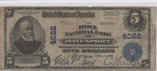 1902 Iowa National Bank Of Davenport $5 National Bank Note Ch 4022
