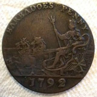 1792 Barbados Penny Km Tn10 Copper Coin
