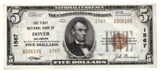 1929 The First National Bank Of Dover $5 Five Dollar Currency Note F - 1800 - 2 R53