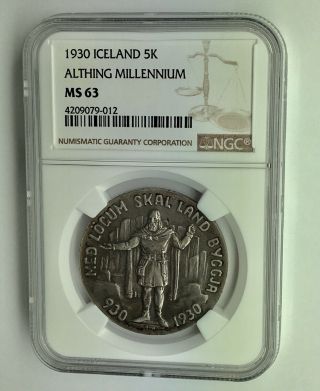 Iceland 1930 Althing 1000 Years Silver 5 Kronur Ngc Ms63