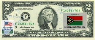 $2 Dollars 2013 Stamp Cancel Flag Of Un From Vanuatu Lucky Money Value $99.  95