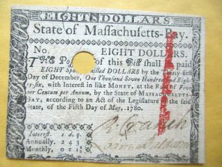 Colonial Currency Massachusetts 1780 $8 Signed Loammi Baldwin Very Fine/ext Fine