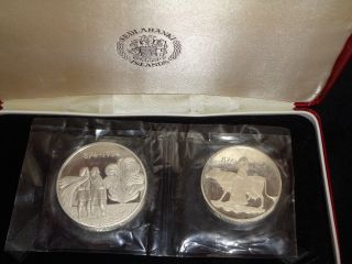 1974 Iceland 2 Coin.  925 Silver Proof Set 110th Commemorative Coinage W/ Case