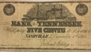 Bank Of Tennessee 5 Cents 1861 Very Scarce Note