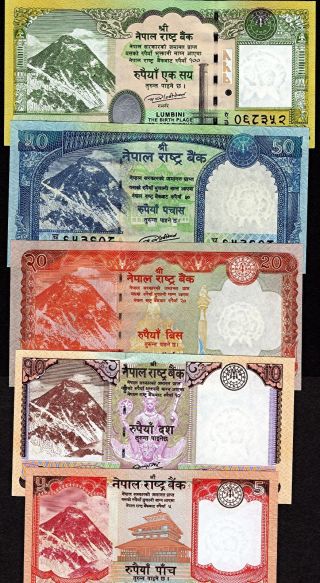 5,  10,  20,  50,  100 Nepal Rupee Set Of 5 Rastra Bank Notes Unc Mt.  Everest