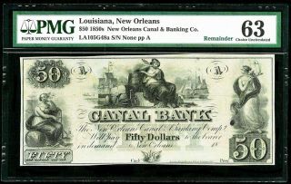 1850s Orleans,  La $50 Dollar Obsolete Canal Bank Note Pmg Choice Unc 63