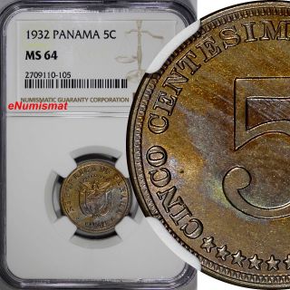 Panama 1932 5 Centesimos Ngc Ms64 Toned Mintage - 332,  000 Scarce Date Km 9