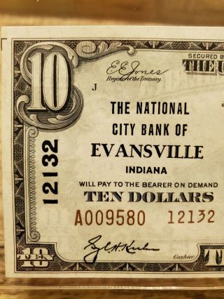 The National City Bank Of Evansville Indiana 1929 $10 Charter 12132 Type 2 Note