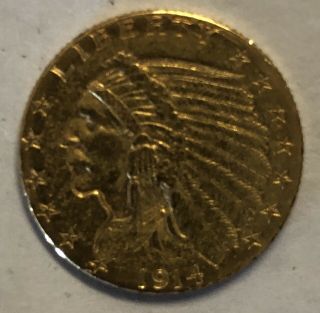 1914 D Gold Indian Head 2 1/2 Dollar $2.  5 Quarter Eagle Coin