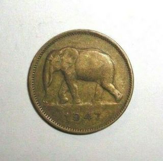 1947 Belgian Congo 2 Francs,  Elephant,  Animal Wildlife Coin