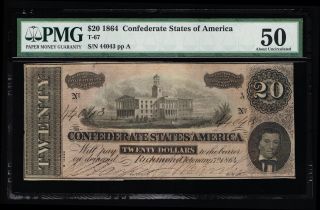 Affordable Csa T - 67 1864 Confederate $20 Note Pmg 50 About Uncirculated