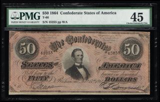 Affordable Csa T - 66 1864 Confederate $50 Note Pmg 45 Choice Extreme Fine