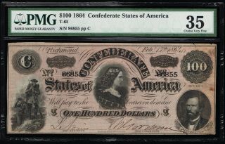 Affordable Csa T - 65 1863 Confederate $100 Note Pmg 35 Choice Very Fine