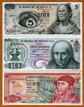 Set Mexico,  5;10;20 Pesos,  1969 - 1977,  P - 62 - 63 - 64,  Unc