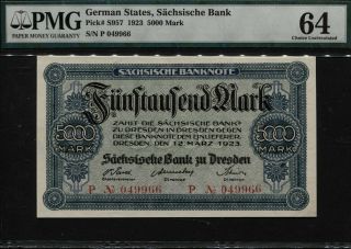 Tt Pk S957 1923 German States 5000 Mark Pmg 64 Scarcely Certified Finest Known