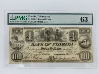 1843 - 44 Bank Of Florida $4 Dollars Banknote Pmg 63 Hammer Cut Cancelled Ink Burn