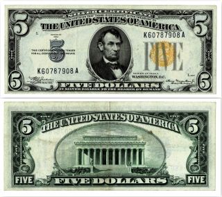 1934 - A $5 Silver Certificate Yellow Seal North Africa Xf/au