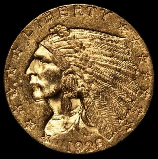 1928 U.  S.  Indian Head $2.  50 Gold Quarter Eagle Coin