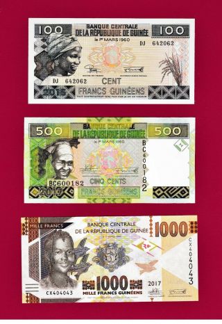 Guinea Republique / Africa Unc Notes: 100,  500 & 1,  000 Francs Guineans