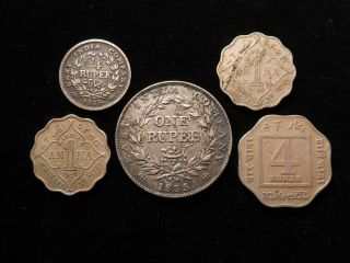 India,  5x British Empire Silver & Nickel Coins 1835 - 1920 2