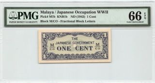 Malaya / Japanese Occupation Wwii Nd (1942) P - M1b Pmg Gem Unc 66 Epq 1 Cent