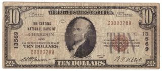 1929 Central National Bank Of Chardon Currency $10 Ten Dollar Bill F - 1801 - 1 R28