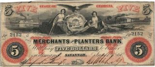 1861 $5 Obsolete Note The Merchants And Planters Bank Savannah Georgia Note