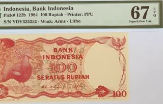 Indonesia - 100 Rupiah - 1984 - Pick 122b - S/n 325252 Pmg 67 Epq Gem Unc Scarce Grade