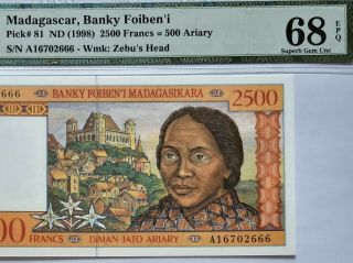 Madagascar - 2500 Francs - 1998 - P.  81 Pmg 68 Epq Gem Unc Very Scarce Grade