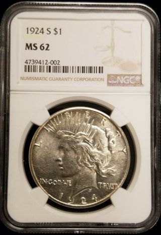 1924 - S Peace Silver Dollar $1 Ngc Ms62 Blast White