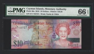 2010 Cayman Islands $10 Dollars,  A/1 Prefix,  P - 40a,  Pmg 66 Epq Gem Unc,  Qeii
